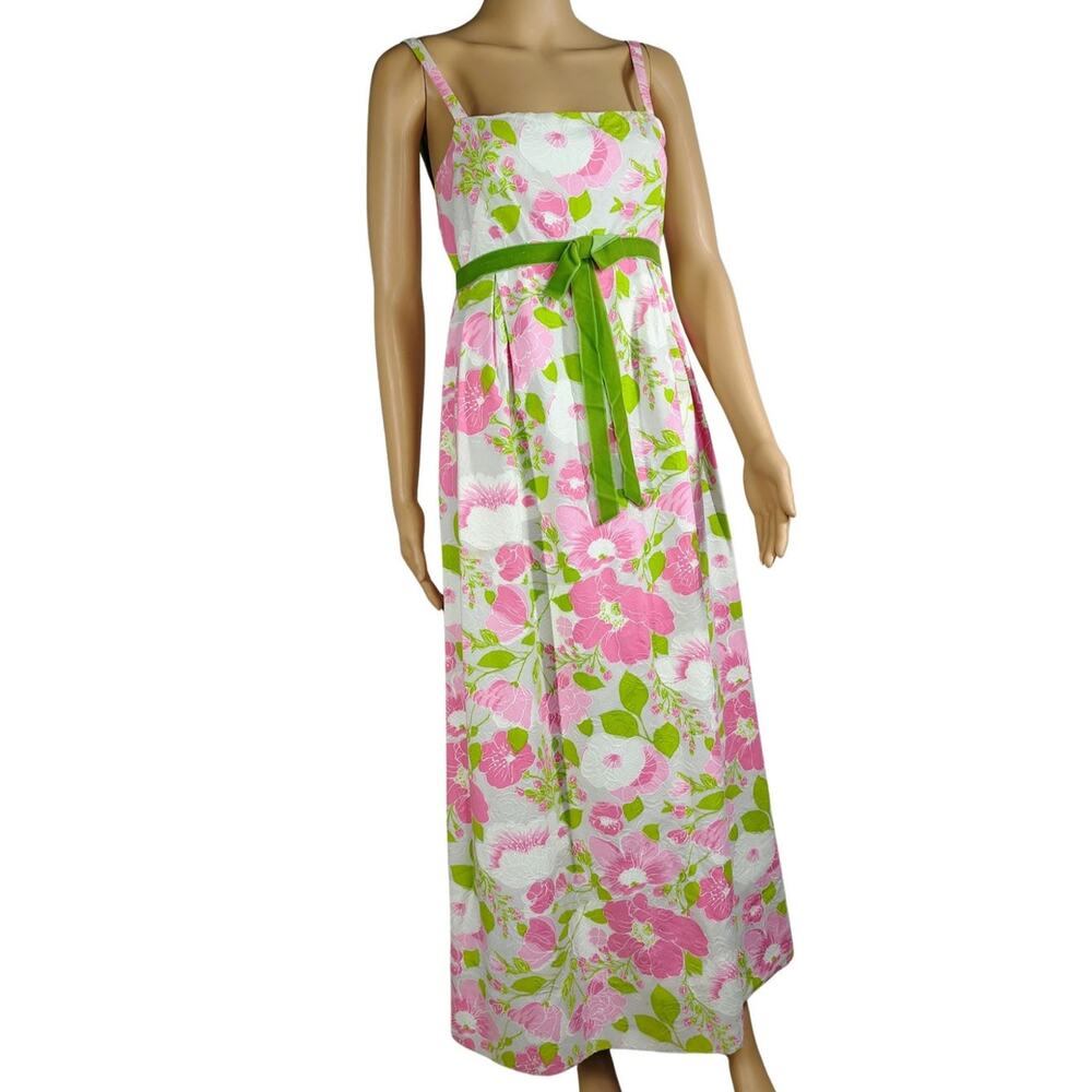 1960s Pink Green Mod Floral Poppy Print Strappy Summer Maxi Tea Dress Size XS